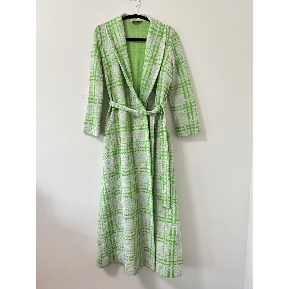 Vanity Fair Vintage Mod Robe Women Size S Green White Jacquard Belted Long Coat